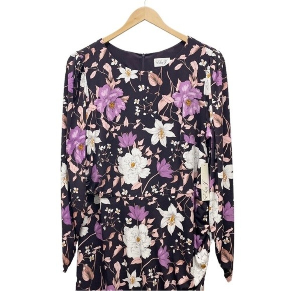 NWT Eliza J Floral Long Sleeve Shirred Midi Dress Aubergine Blooms Plus Size 20W - Picture 6 of 16